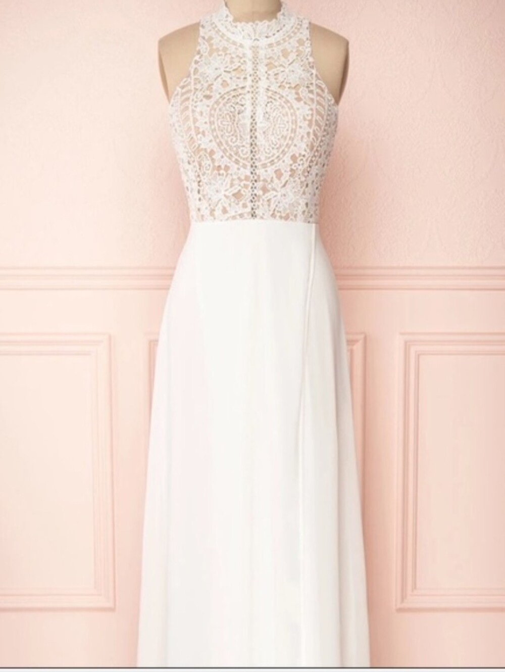 Lace Bodice High-Neck White Maxi Dress Wedding Dress Boho